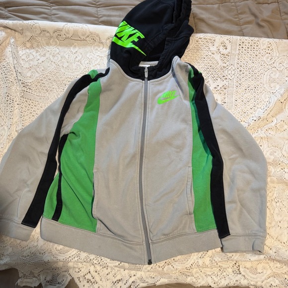 Nike Kids Gray Full Zip Up Hoodie Jacket Black & Green Neon Sz M - Picture 1 of 9